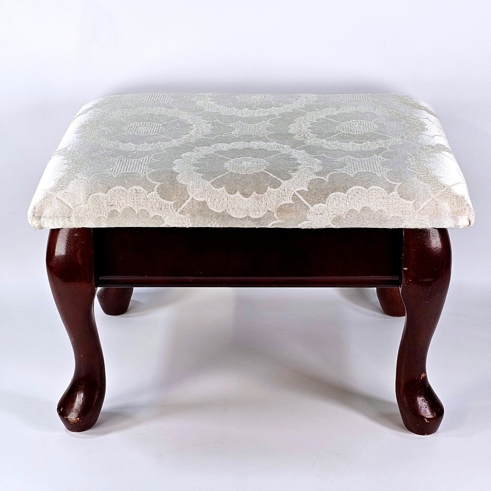 Vintage Storage Footstool Ottoman Cream Damask Wood Cabriole Legs Mahogany Tone